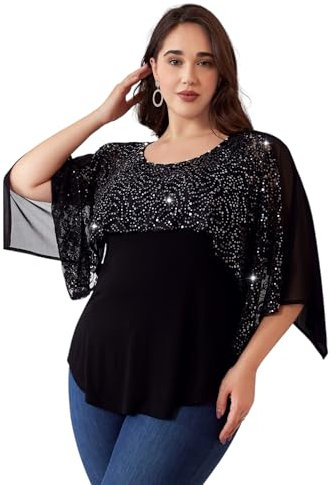 LapaPlus Übergröße Pailletten Oberteile für Damen 2025, Spitze Halbarm Hemd Tunika Abend Party Tops Cocktail Bluse