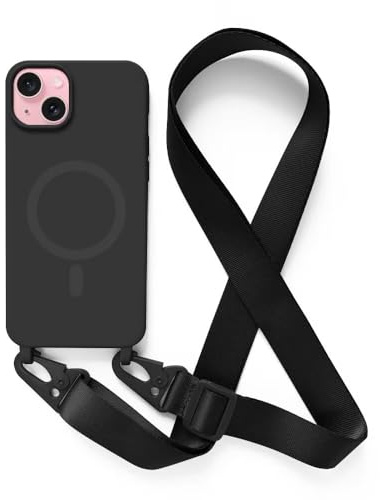 2NSPDRGNI Handykette Schutzhülle kompatibel mit iPhone 15 Handyhülle mit Band,Kabellosem Laden Hülle Halsband Lanyard Silikonhülle,Schwarz