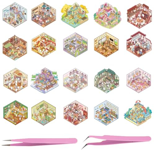 20 Stück 3D Hausaufkleber Set Miniature Scene Stickers mit 2 Pinzetten | 3D-Aufkleber-Szene mit Kaffeehaus, Buchhandlung, Restaurant, für Dekoration, Kreative Geschenke, Modellbau