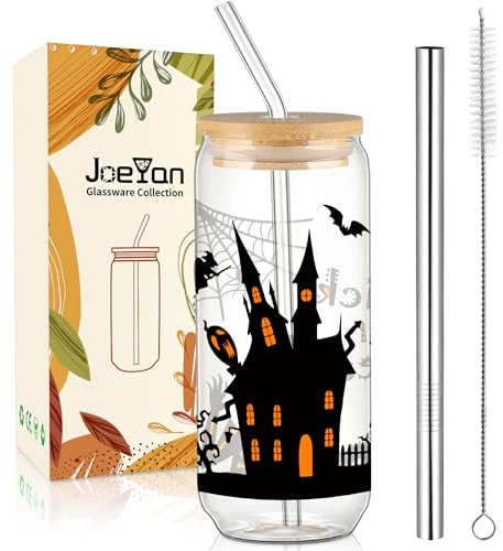 Joeyan 600ml Vasos Halloween de Cristal con Tapa y Pajita, 20oz Vasos de Vidrio con Casa Encantada y Gato Negro,Tazas para Café,Bubble Tea,Cerveza,Regalo Decoración Fiesta Para Hermanas Amigos Colegas
