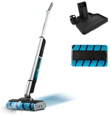 Cecotec Fregona Eléctrica sin Cable con Base Autolimpieza FreeGo Wash Twice Spray X-Treme. Autonomía 40mins, Doble Rodillo, Depósito Agua Limpia 450ml y 350ml de Sucia, Pulverizador de Agua, Spray