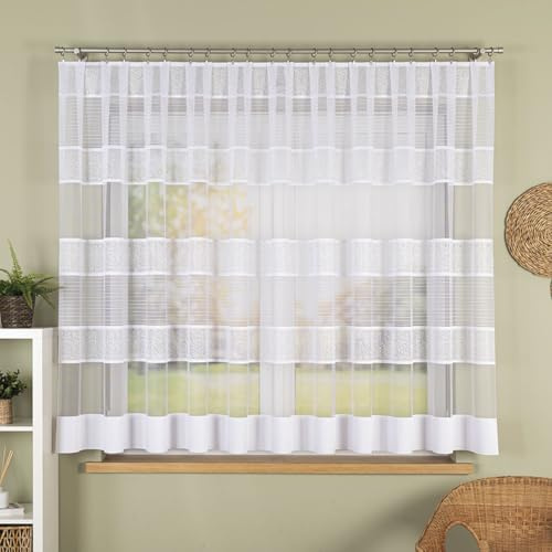 Gardinen Vorhangen Weiß Jacquard 400x160 cm (BxH) Passos New Kurze Lange Horizontalen Streifen Kräuselband Fertiggardine Umsäumte Seiten