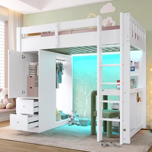 Dolamaní Hochbett 90x200 mit Schreibtisch, Viel Stauraum- 4 Schubladen und Stauraumschrank, offenen Kleiderschrank, Kinderbett mit rausfallschutz & LED-Licht & USB (ohne Matratze) (Weiß B)