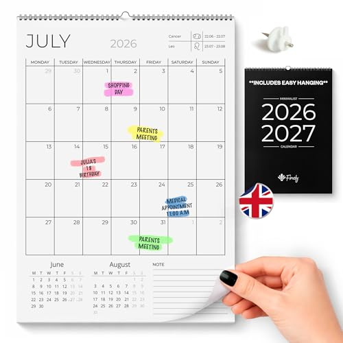 Finoly Wandkalender Juli 2026 Dezember 2027 (18 Monate) auf Englisch | | Monatskalender 2026 A4 | Familienwandkalender 2027