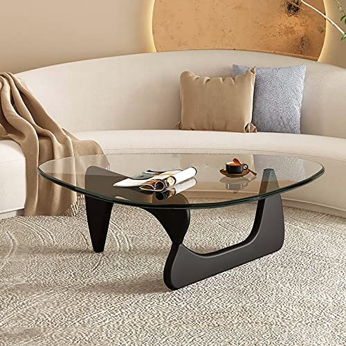 HJYXXSR Table basse triangulaire en verre, pour salon, table en verre avec base en bois massif et dessus transparent, moderne, patio, noir clair, 91,4 x 64,8 x 40,6 cm