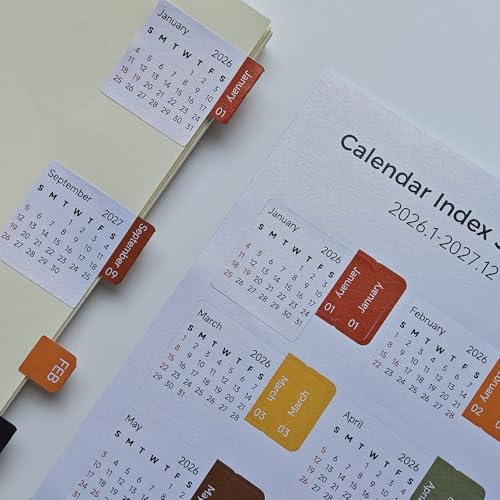 Kalender Aufkleber 2026-2027 Monatliche Kleber Index Tabs Seite Marker für Zeitschriften, Scrapbooks, Bullet Notebooks, DIY Handwerk Projekte (Joy)