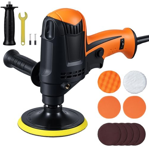 Yaskyly Poliermaschine Auto, 980W Exzenter Poliermaschine Polierer mit Geschwindigkeit 850-3200RPM, 6 Variable Geschwindigkeit, Seitengriff, 125mm Polierschwamm Zubehörset für Auto, Möbeln, Metal