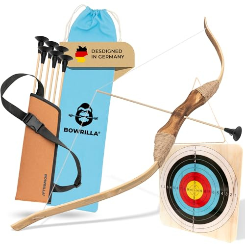 BOWRILLA® Kids Bow and Arrow Set - Bow and Arrow for Kids Ages 4-8, Toy Archery Set with 6 Suction Cup Arrows, Wooden Target & Quiver