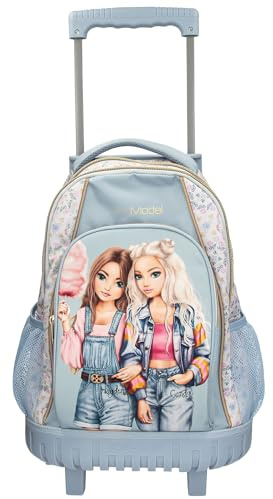 Depesche 14022 TOPModel Festival Fun - Schulrucksack Trolley in Dunkelblau und Creme, mit Model Motiv und Blumen-Muster, Schultasche mit Teleskopgriff und Rollen