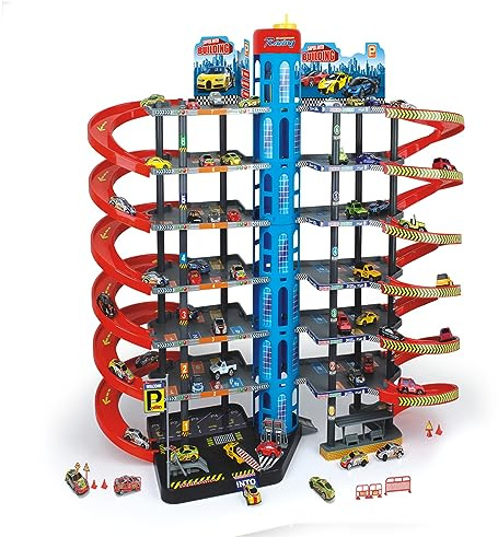 XXL Parkgarage Kinder mit Aufzug & 10 Autos – 7 Etagen Parkhaus Spielzeug mit 77 Parkplätzen, 12 Rampen, Tankstelle & Bahnhof – Großer Parktower Garage Spielset Kunststoff ab 3 Jahren
