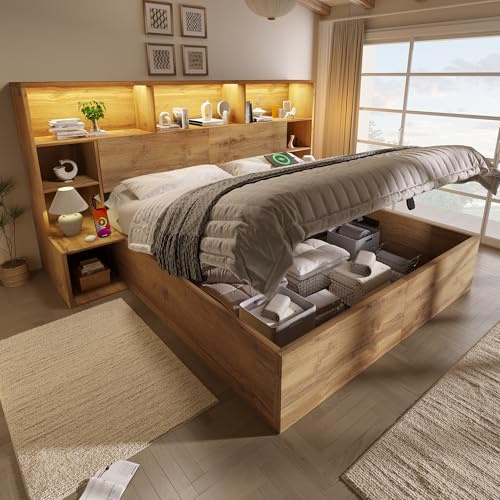 LDOKAHAUS Letto matrimoniale in legno, 160 x 200 cm, con spazio idraulico e comodini integrati, con mensola per testiera e rete a doghe, in rovere (senza materasso)