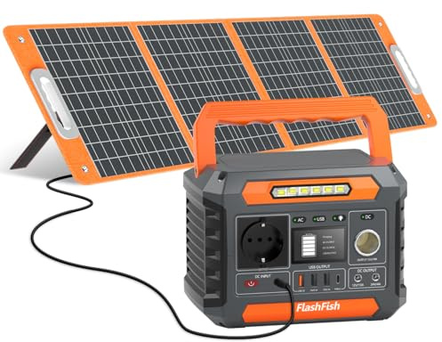 FlashFish - Stazione di alimentazione portatile da 144,3 Wh con pannello solare da 100 W, generatore solare da 200 W con 230 V AC/DC/USB/tipo C/LED, generatore di corrente per campeggio, viaggi