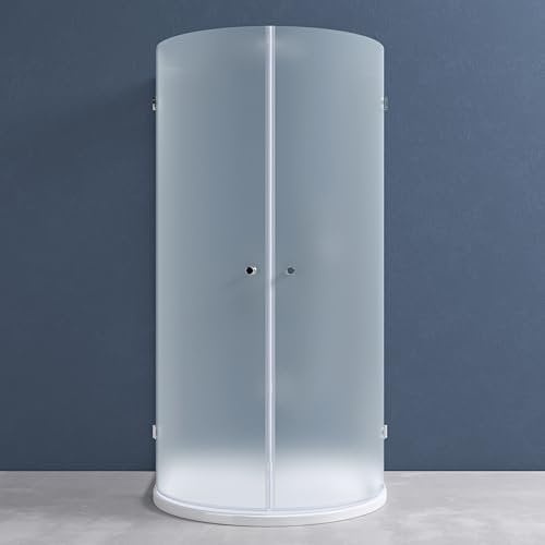 doporro Halbkreis-Duschkabine 100x100cm Glasdusche inkl. 4cm flacher Duschtasse in Weiß und Ablaufgarnitur ESG-Sicherheitsglas satiniert inkl. Easy-Clean-Beschichtung Rav03S