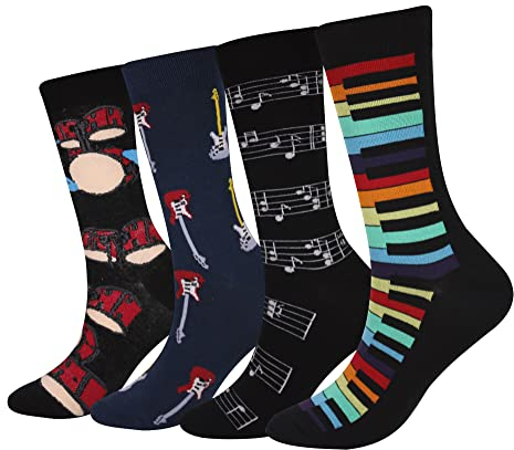 Cansok Herren Neuheit Musik Gitarre Notenschrift Schlagzeug Klavier Socken anziehen Mannschafts Waden Socken Packung mit 4