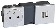 Legrand 079395 Prise de Courant 2P+T Surface + Chargeur 2 USB, Type-A, 2.4A, 12W, Mosaic 2x2 Modules, 230V ou 5V, Aluminium