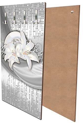 wandmotiv24 Garderobe abstrakte Lilien grau Silber Hochformat - 55x100 (BxH) - Dekorfolie Wandgarderobe, inklusive Garderoben-Haken, Kleiderhaken, Set M0524