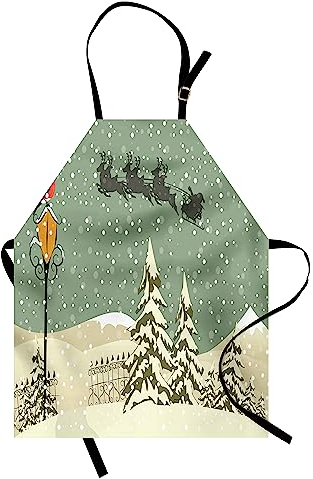 ABAKUHAUS, Weihnachten Kochschürtze, Höhenverstellbar Maschienenwaschbar Kein verblassen, Weihnachtsnacht Fliegender Schlitten Verteilung der Geschenke Illustration, Beige, Grün, Weiß