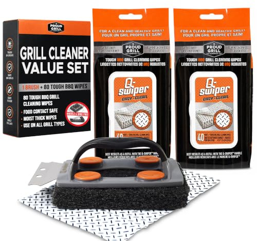 Q-Swiper BBQ Cleaner Set - Grillbürste mit Schaber und 80 Grill-Reinigungstüchern | Keine Borsten & Drahtfrei | Sichere Möglichkeit, Fett und Schmutz zu entfernen