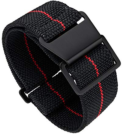 BINLUN Nylon Uhrenarmband Elastic Marinetaucher Fabric Nylon-Armbänder Stoff Militär Ersatz-armband Uhr Hakenverschluss Damen&Herren 18/20/22mm(Schwarz-Rot, Schwarze Schnalle,22mm)