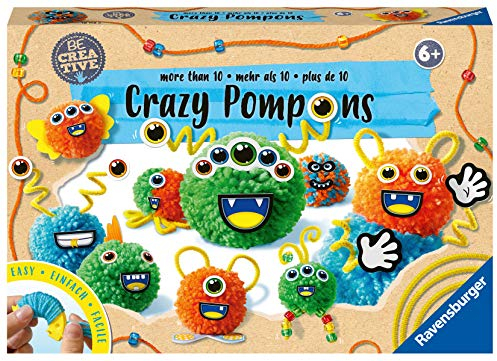 Ravensburger 18118 Be Creative Crazy Pompons – Aus Wolle Bunte Pompons Wickeln und mit Dekoteilen zu verrückten Monstern verzieren, ab 6 Jahren
