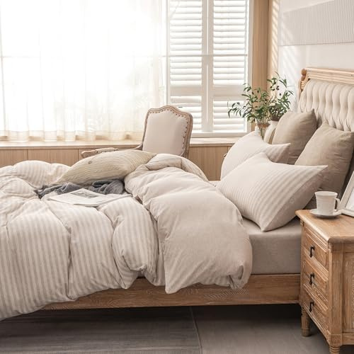 PURE ERA Jersey Knit Duvet Cover Set 100% T-Shirt Heather Cotton Super Soft Comfy Classic Striped Design, with Zipper Closure, Heather Beige Stripe, King