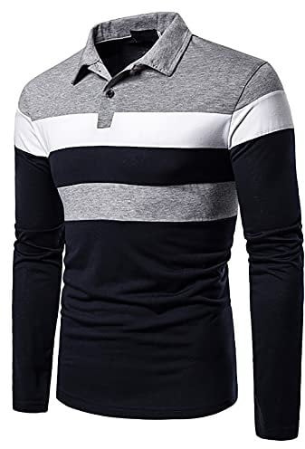 VANVENE Men's Classic Patchwork Long Sleeve Polo Shirts Football Gift Mens Crest Polo Shirt Classic Originals Tops Tee Grey Navy, L