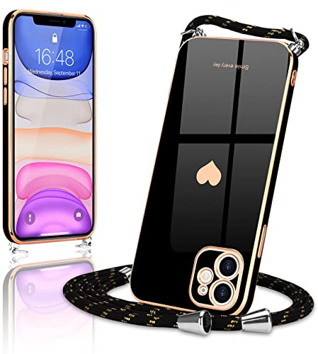 Wirvyuer Handyband Kompatibel mit iPhone 11 Handyhülle Necklace Hülle mit Band zum Umhängen Kameraschutz Liebesherz Schutzhülle mit Halsband Galvanik Silikon Umhängetasche für iPhone 11 Schwarz