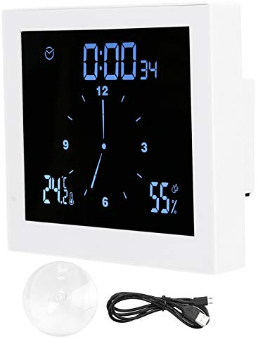 Badezimmer Uhr, Digital Badezimmeruhr Wanduhren mit LED Display Wasserdicht Dusche Uhr Baduhr mit Luftfeuchtigkeit Temperatur, Countdown und Alarmfunktion(Weiß)