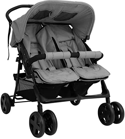 Tidyard Geschwisterwagen Zwillingswagen Doppelkinderwagen Zwillingsbuggy Kinderwagen Stahl Hellgrau