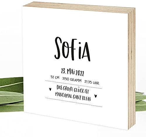Wunderpixel® Holzbild personalisiert mit Namen & Geburtsdaten & Spruch 15x15x2cm zum Hinstellen/Aufhängen echter Fotodruck auf Holz - persönliches Wand-Bild Aufsteller Deko oder als Geschenk-Idee