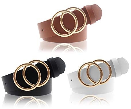 Udekit Doppel-O-Ring Ledergürtel Weichen Kunstleder Gürtel für Frauen, Mädchen, Dame (3 Stück/Set) Klein