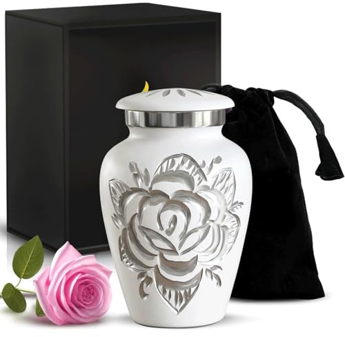 Cremation Urn for Ashes - Handcrafted Large Urn for Ashes with Velvet Bag - Adult Urns for Human Ashes Men & women Remains - Honour Your Loved One with Rose Urns For Ashes Adult (Pearl White, Small)