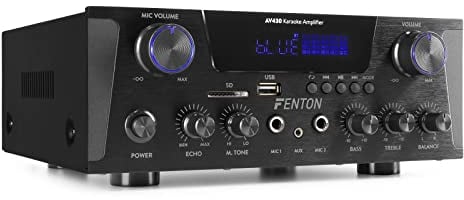 Fenton AV340B Amplificador de Audio HiFi de 600 vatios, transmisión Bluetooth, Radio FM, función MP3, Reproductor SD/USB, Karaoke, 2 entradas de micrófono, Ideal para Karaoke, Color Negro