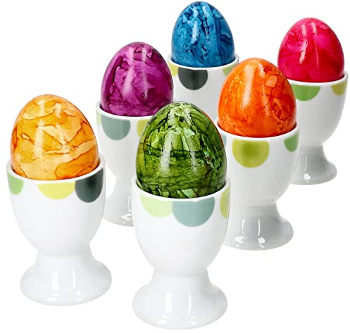 Van Well Rondo 6er Set Eierbecher I 6 Personen I grüne Retro-Kreise I weiße Porzellan-Eierhalter, Eierständer, Egg Cup I Oster-Eier, Oster-Frühstück I Becher fürs Frühstücksei I Easter Egg