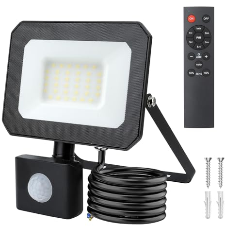 HLFVLITE LED Strahler mit Bewegungsmelder Außen, dimmbare Led Flutlicht 3000LM Scheinwerfer mit IR-Fernbedienung IP65 Außenwandleuchte Kaltweiß 6500K für Garten, Garage, Sportplatz, Hof