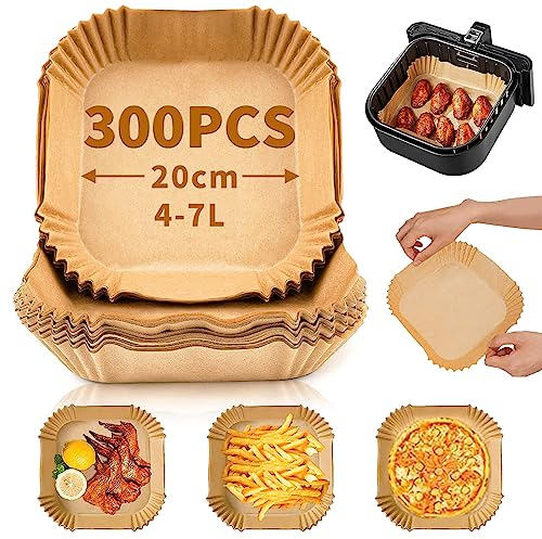 Papel Freidora Aire 300Pcs, 20cm Papel Air Fryer Cuadrado Antiadherente Desechable, Papel Horno Freidora Aire Resistente al Agua y al Aceite, Papel para Freidora de Aire,Accesorios Airfryer(Natural)