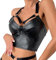 Dislsokrhov Damen Metallic Crop Top Neckholder Oberteil Bauchfrei Shirt Lack Leder Bustier Tank Top Oberteil Tanz Kostüm Push Up Busenfrei Glänzend Bustier Top BH Unterhemd kurz Clubwear E1-Schwarz,M