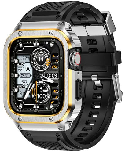 Deczone Correa de reloj de silicona con carcasa de acero inoxidable compatible con Apple Watch Series 7 8 (45 mm), correas resistentes para iWatch funda protectora para hombres (oro plateado)