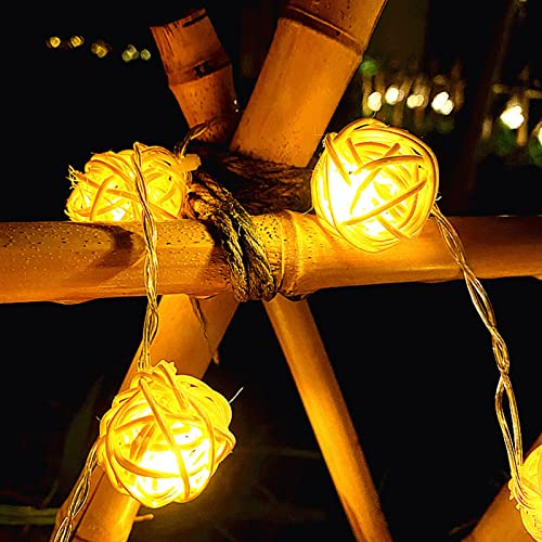 Tyenaza Rattan-Kugel-Lichterkette, 9,84 Fuß, 20 LEDs, Kugel-Rattan-Kugeln, Batteriebetrieben, Für Hochzeit, Geburtstage, Dekoration