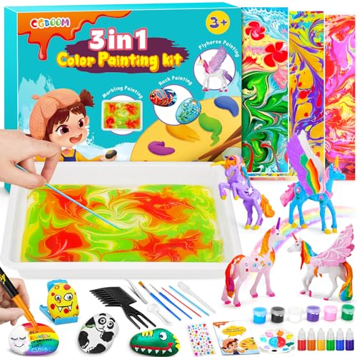 CGBOOM Wassermarmorierfarbe, Einhorn Malset und Steine Bemalen Set für Kinder - Kreativ Kunst und Bastelset für Jungen und Mädchen als Geschenk, 3 in 1 Malset für Kinder