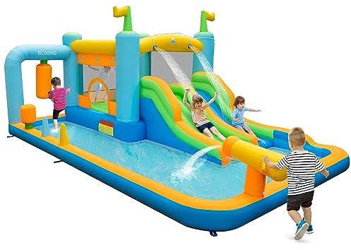 COSTWAY Castillo Hinchable Grande, 6 en 1 Castillo Hinchable Acuatico, Seco y Agua, Castillo Hinchable para Niños 3-10 Años, Insuflavel Criança Interior Exterior, 503 x 348 x 228 cm (sin soplador)