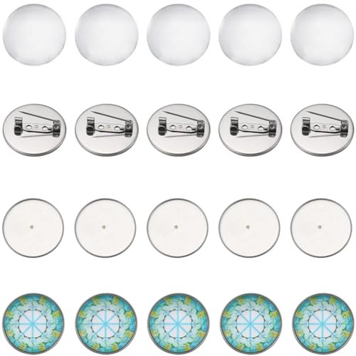 SUNNYCLUE 1 Box 40 Stück Broschenschalen Aus Edelstahl Rohling Für Cabochon Broschen Set Zum Basteln von 20 Stück Flachen Runden Schalen (20 mm) 20 Stück Klare Glas Cabochons Broschenverschlüsse Anste
