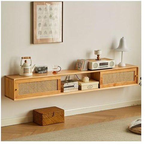 TV-Konsole Schwebender TV-Ständer aus Holz mit Schränken, Ausstellungsregalen und Schiebetüren, 47,2''/59''/70,8'' wandmontiertes Entertainment-Center, moderne Medienkonsole for unter dem Fernseher, T