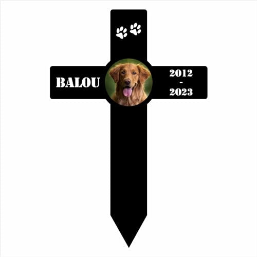 INDIGOS UG Décoration funéraire chien - 110 cm - Croix - Piquet commémoratif résistant aux intempéries comme piquet funéraire - Texte et date - Personnalisable - Nom et date au choix - Deuil, animal