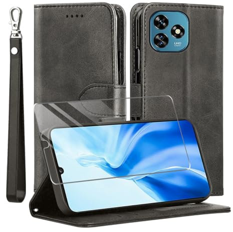 MQERYBV Coque pour Oukitel C51,avec Verre trempé Protection écran,Antichoc TPU Housse en Cuir PU Portefeuille Etui [Béquille] [Fentes pour Cartes],Flip Case pour Oukitel C51- Noir