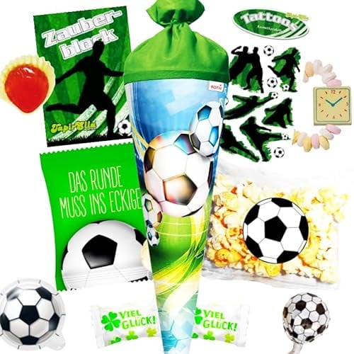 Schultüte Fussball gefüllt - 35 cm Schultüte klein mit Süßigkeiten & Spielzeug- Zuckertüte mit Fußball Schultüte Jungen Füllung - Geschwister Schultüte für den perfekten Schulstart