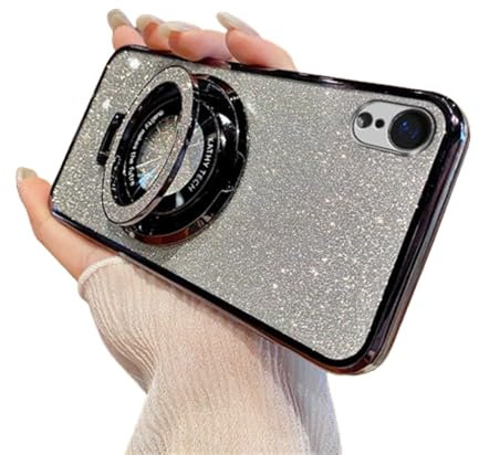 SIYOPINPFY Case for iPhone XR Case Glitter Sparkly Deluxe Plating Silicon TPU Soft Cover Lens Protector ∣Wireless Charging Compatible∣ with Magnetic Ring Stand Holder Cover for iPhone XR, Shiny Black