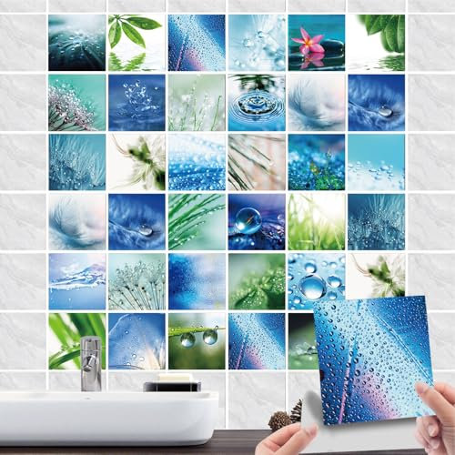 36 Stück Fliesenaufkleber Bad & Badezimmer Selbstklebende- Fliesenfolie PVC mit Anlage Blau Wasser Tropfen-Wasserdicht Fliesensticker für Wand-fliesen Dekorative (02, 15x15cm)