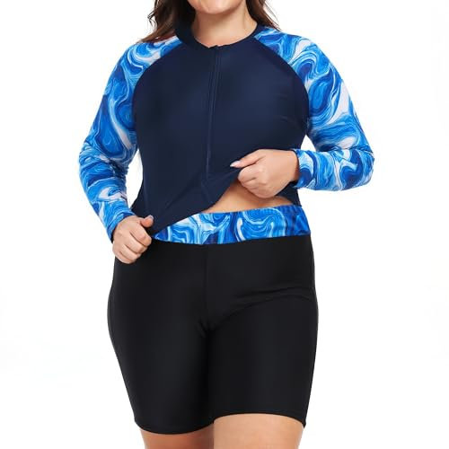 Owntop Womens Plus Size Rash Guard | 2-Piece UPF 50+ Swim Shirt | Long Sleeve Zipper Rashguard Shirts & High Waist Boyshorts | Quick-Dry Swimwear Swimsuits | Swimming Surfing | Blue 4XL