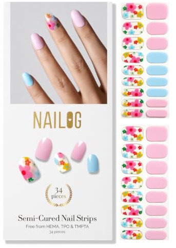 NAILOG Semi Cured Gel Nail Strips 34 pcs Floral Nail Stickers - Petal Dance | 34 Strips In 17 Sizes DIY Salon-Quality Gel Nails Glossy Long-Lasting HEMA-Free Vegan Easy & Safe